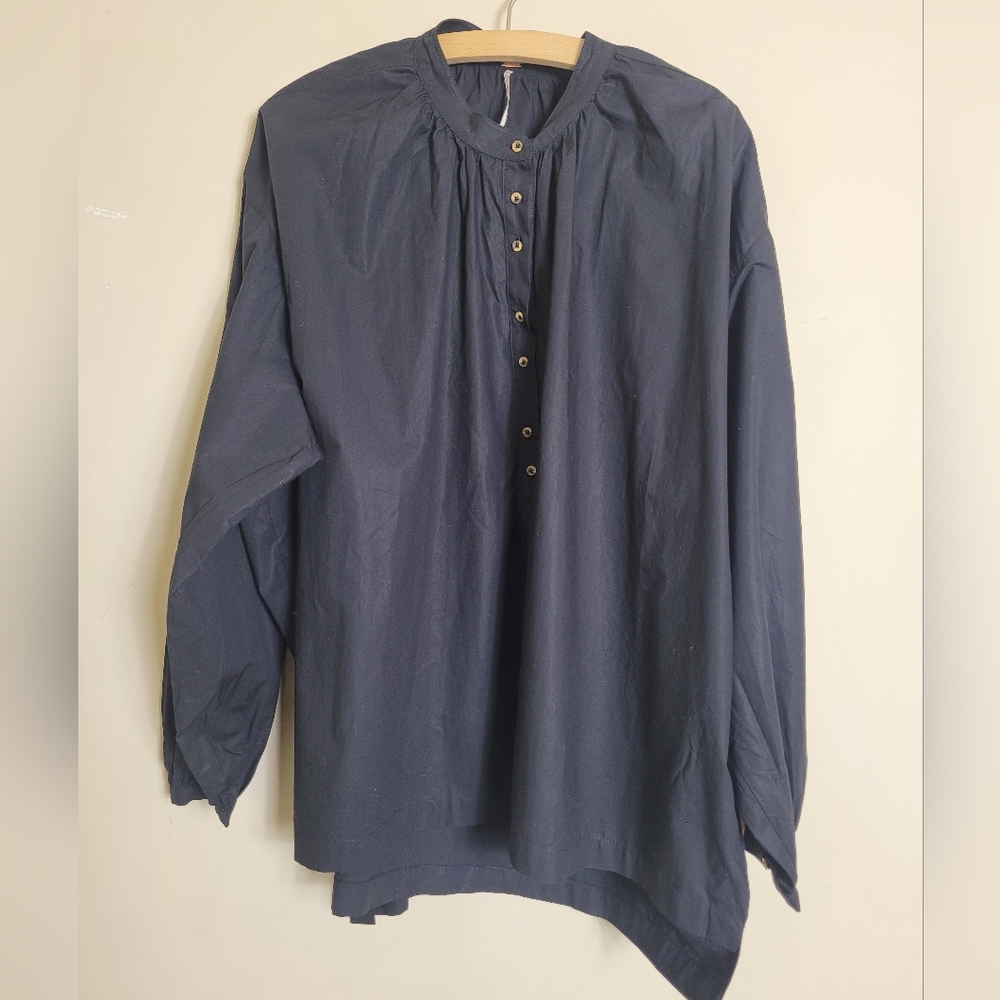 Free People Black Half Button Up Long Sleeve Blouse Medium